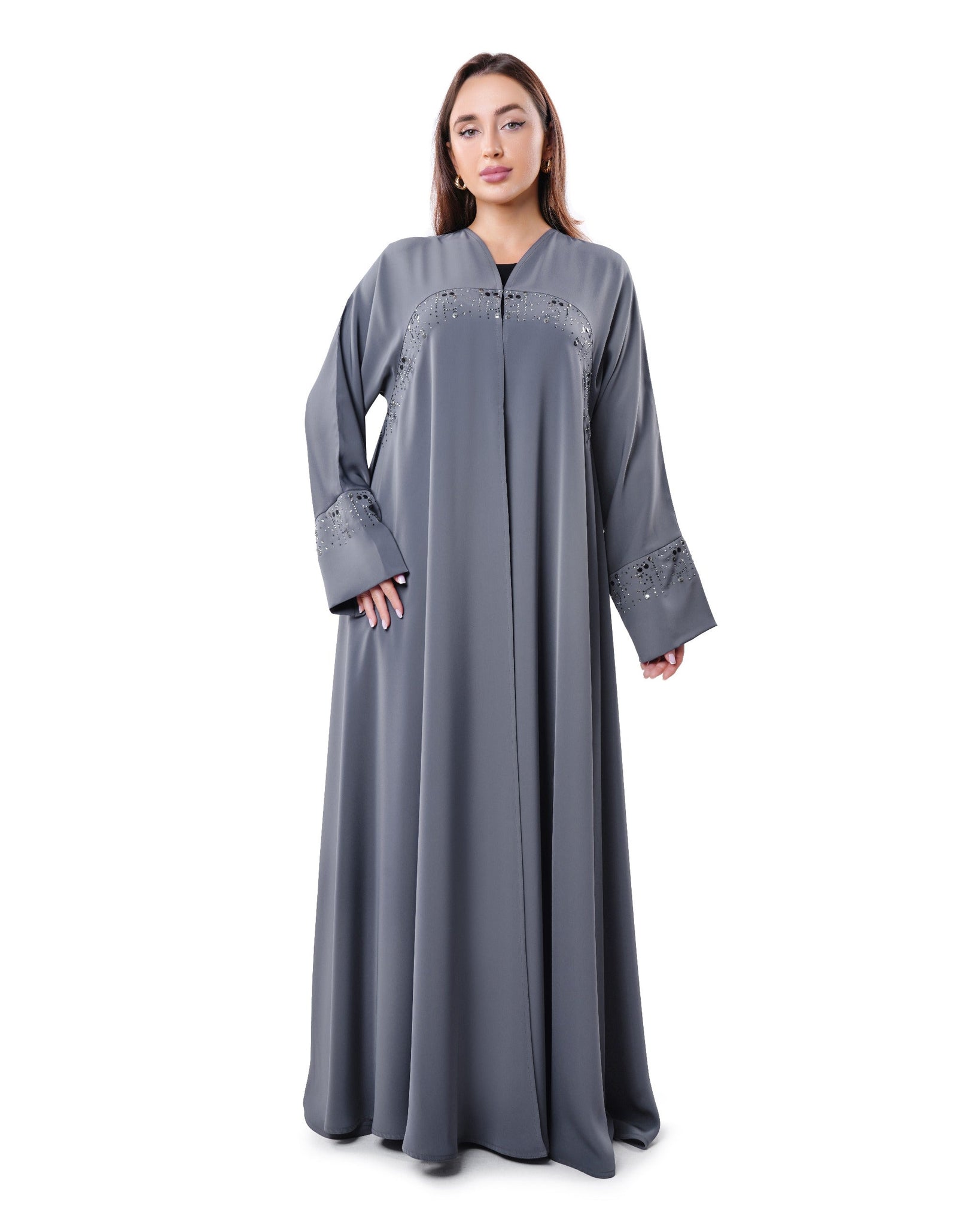 Hanayen A-Line Gray Abaya with Crystal Embellishments