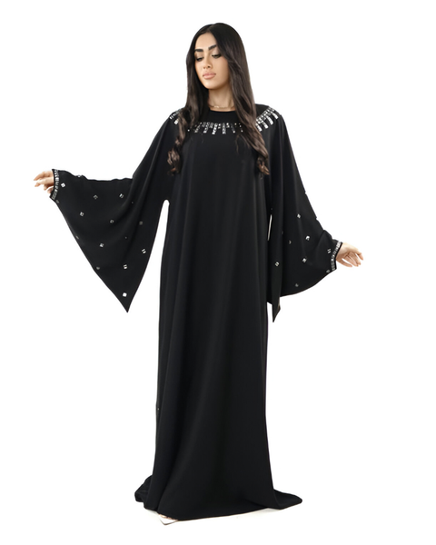 Hanayen Black Abaya with Crystal Neckline & Sleeve Accents | Clearance best abaya online in dubai