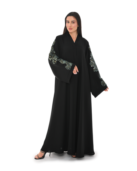 Hanayen Black Abaya With Floral Embroidery on Sleeves best abaya online in dubai