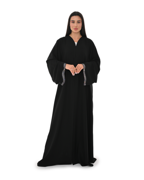 Hanayen Black Abaya with Wave Crystal Embellishments on Sleeves and Sheila best abaya online in dubai