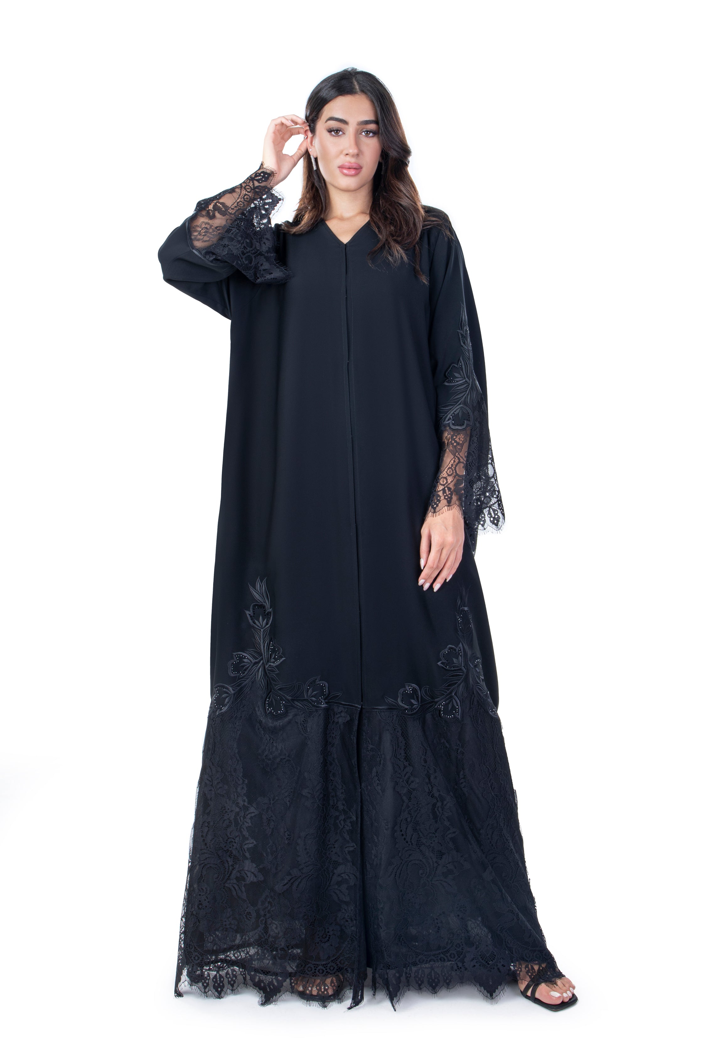 Abaya With Lace Insert In Black Abaya With Lace Insert In Black