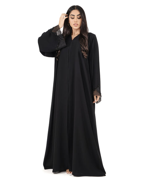 Hanayen Black Abaya with Beaded Mesh Sleeve Cuffs