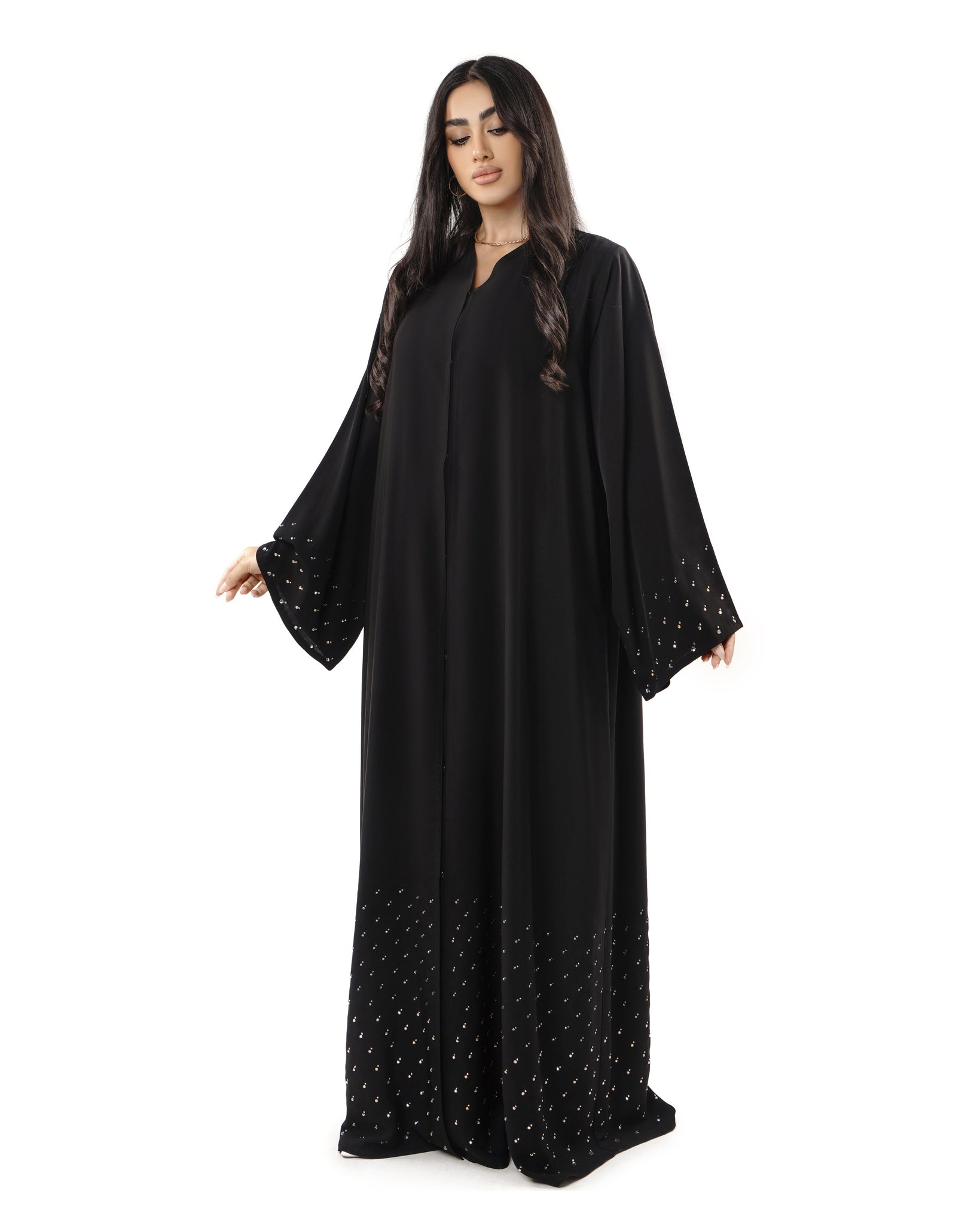 Hanayen Black Abaya with Crystal Embellished Hem and Sleeves