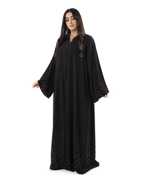 Hanayen Black Abaya with Crystal Embellished Hem and Sleeves