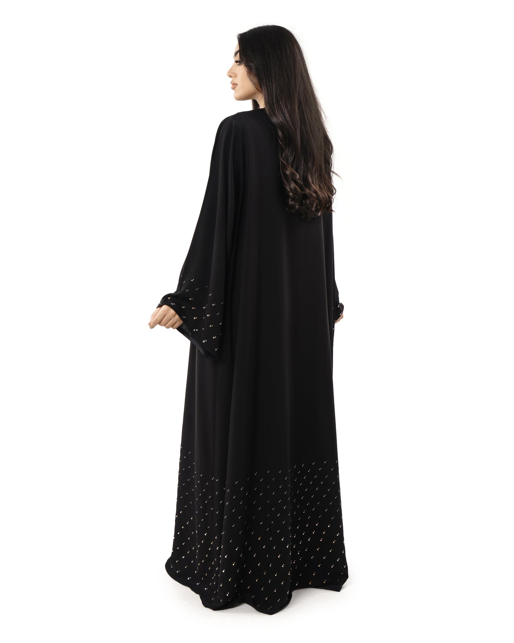 Hanayen Black Abaya with Crystal Embellished Hem and Sleeves