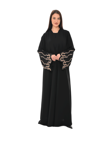 Hanayen Black Abaya with Golden Wave Crystal Embellishment best abaya online in dubai