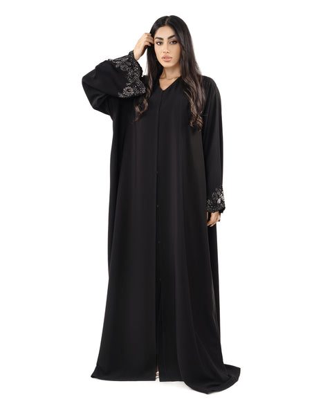 Hanayen Black Abaya with Intricate Floral Crystalized Sleeve Cuffs