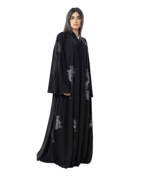 Hanayen Black Abaya with Intricate Lace Patterns and Flowing Design