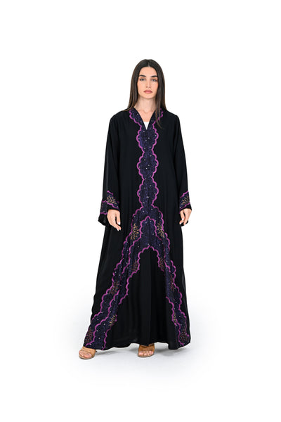 Hanayen Black Abaya with Intricate Purple Scalloped Border and Crystal Accents best abaya online in dubai