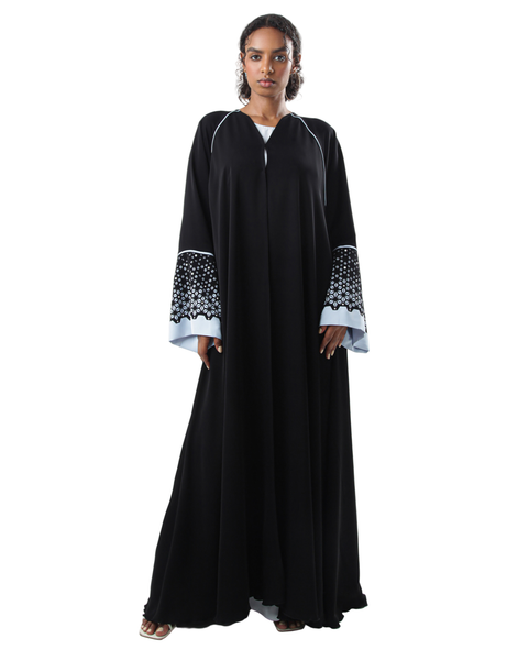 Hanayen Black Abaya with Laser-Cut Sleeves & Pearl Accents best abaya online in dubai