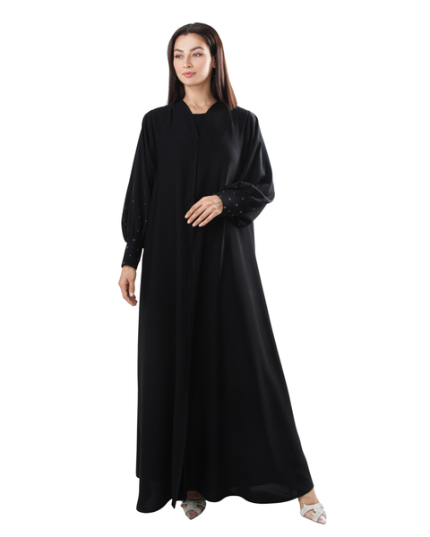 Hanayen Black Abaya with Pearl Embellished Cuffs best abaya online in dubai