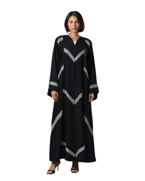 Hanayen Black Abaya with White Lace Geometric Panels best abaya online in dubai