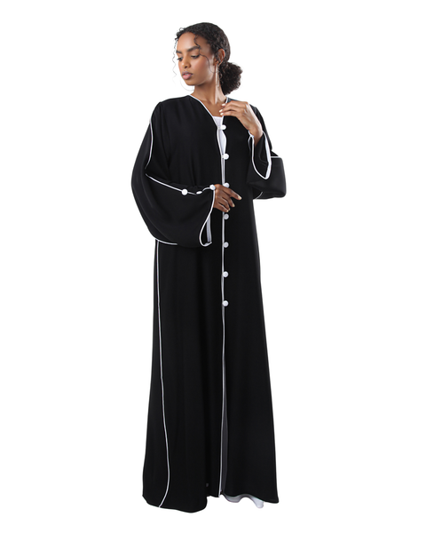 Hanayen Black Abaya with White Piping and Button Detailing best abaya online in dubai