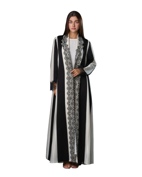 Hanayen Black and Off-White Striped Abaya with Intricate Black Guipure Lace Trim best abaya online in dubai