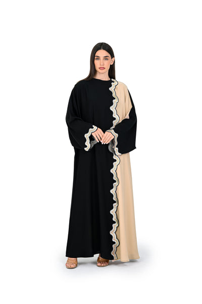 Hanayen Black & Beige with Wavy Beaded Trim best abaya online in dubai