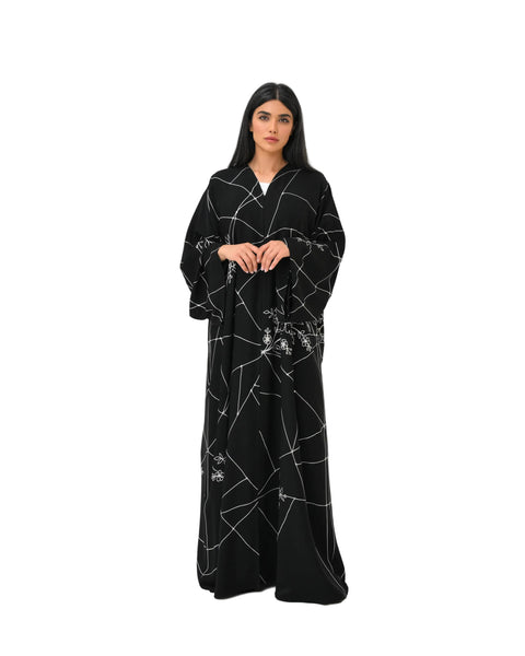 Hanayen Black Geometric Prism Abaya with Floral Accents best abaya online in dubai