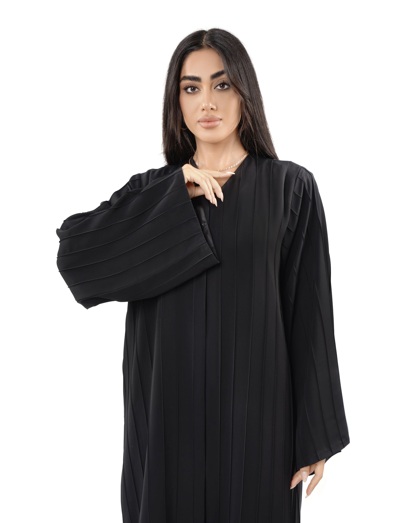 Hanayen Black Pleated Abaya with Beaded Fringe Detailing