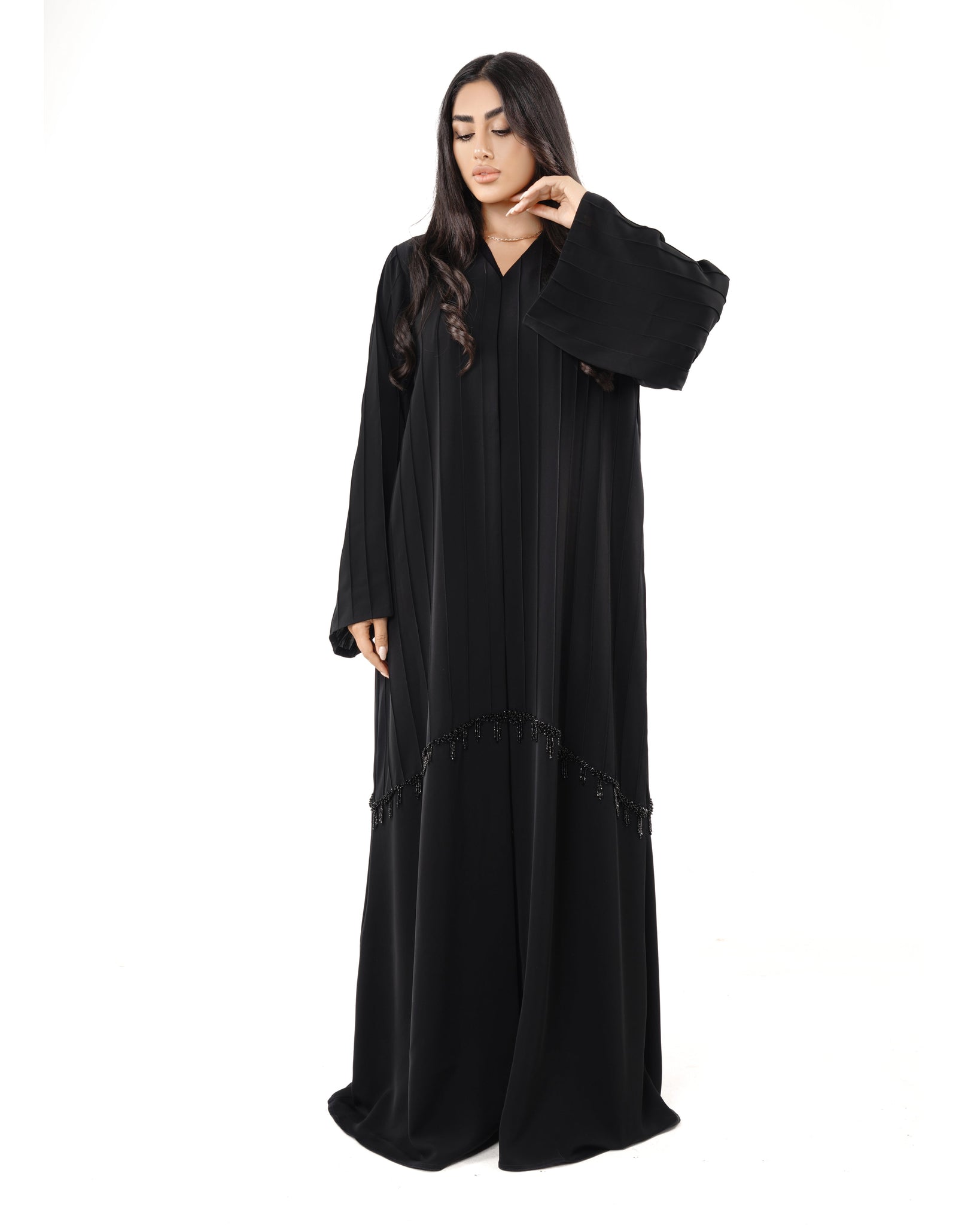 Hanayen Black Pleated Abaya with Beaded Fringe Detailing