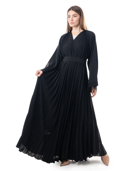 Hanayen Black Pleated Abaya With Belt  | Clearance best abaya online in dubai