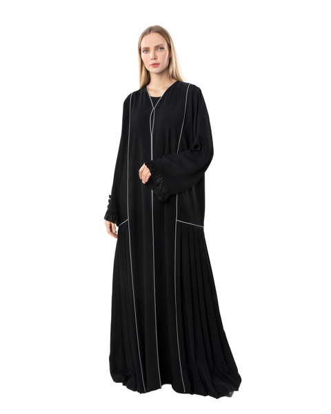 Hanayen Black Pleated Abaya with Contrast Piping and Ruffle Sleeves best abaya online in dubai