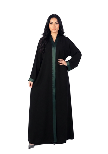 Hanayen Black Satin Lapel Abaya With Green Satin best abaya online in dubai