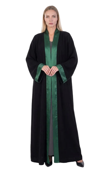 Hanayen Black Satin Lapel Abaya With Green Satin best abaya online in dubai