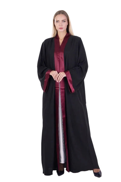 Hanayen Black Satin Lapel Abaya With Maroon Satin best abaya online in dubai