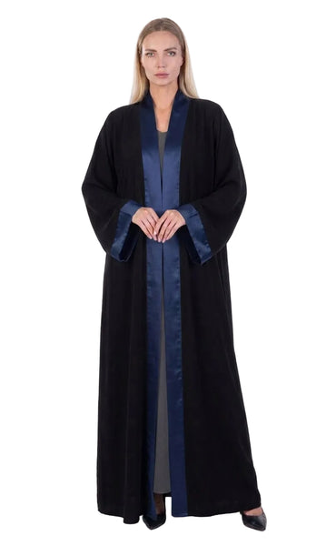 Hanayen Black Satin Lapel Abaya With Navy Blue Satin best abaya online in dubai