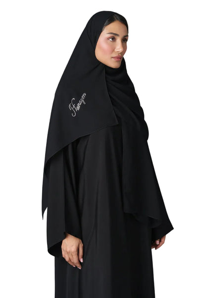 Hanayen Black Sheila with Hanayen Calligraphy best abaya online in dubai