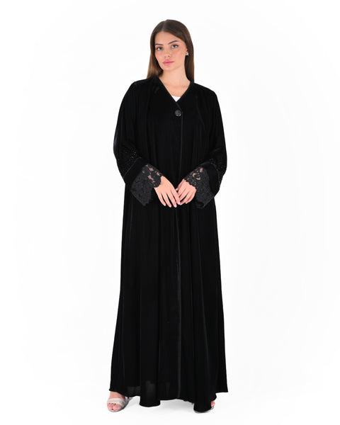 Hanayen Black Velvet Abaya with Beaded Lace Cuffs