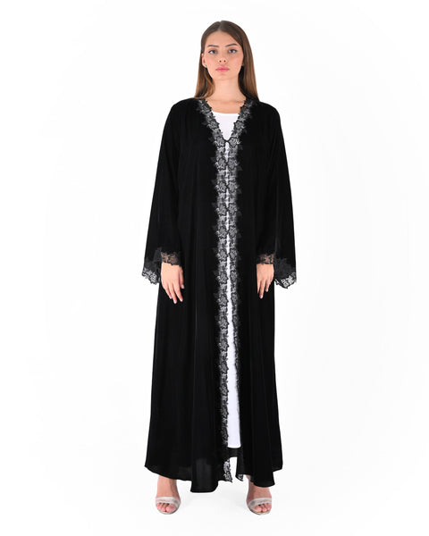 Hanayen Black Velvet Abaya with Intricate Lace Accents