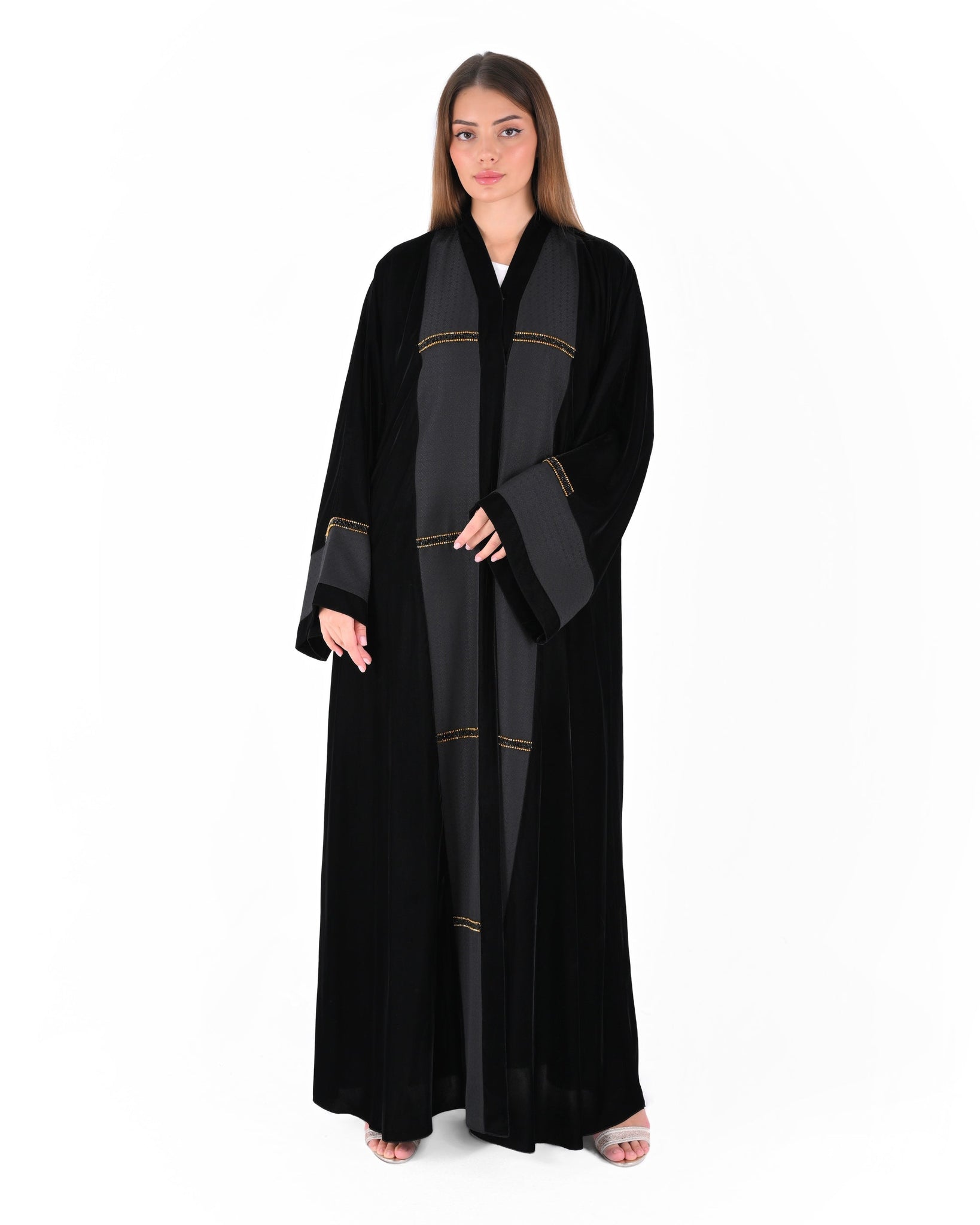 Hanayen Black Velvet Abaya With Panel and Beads