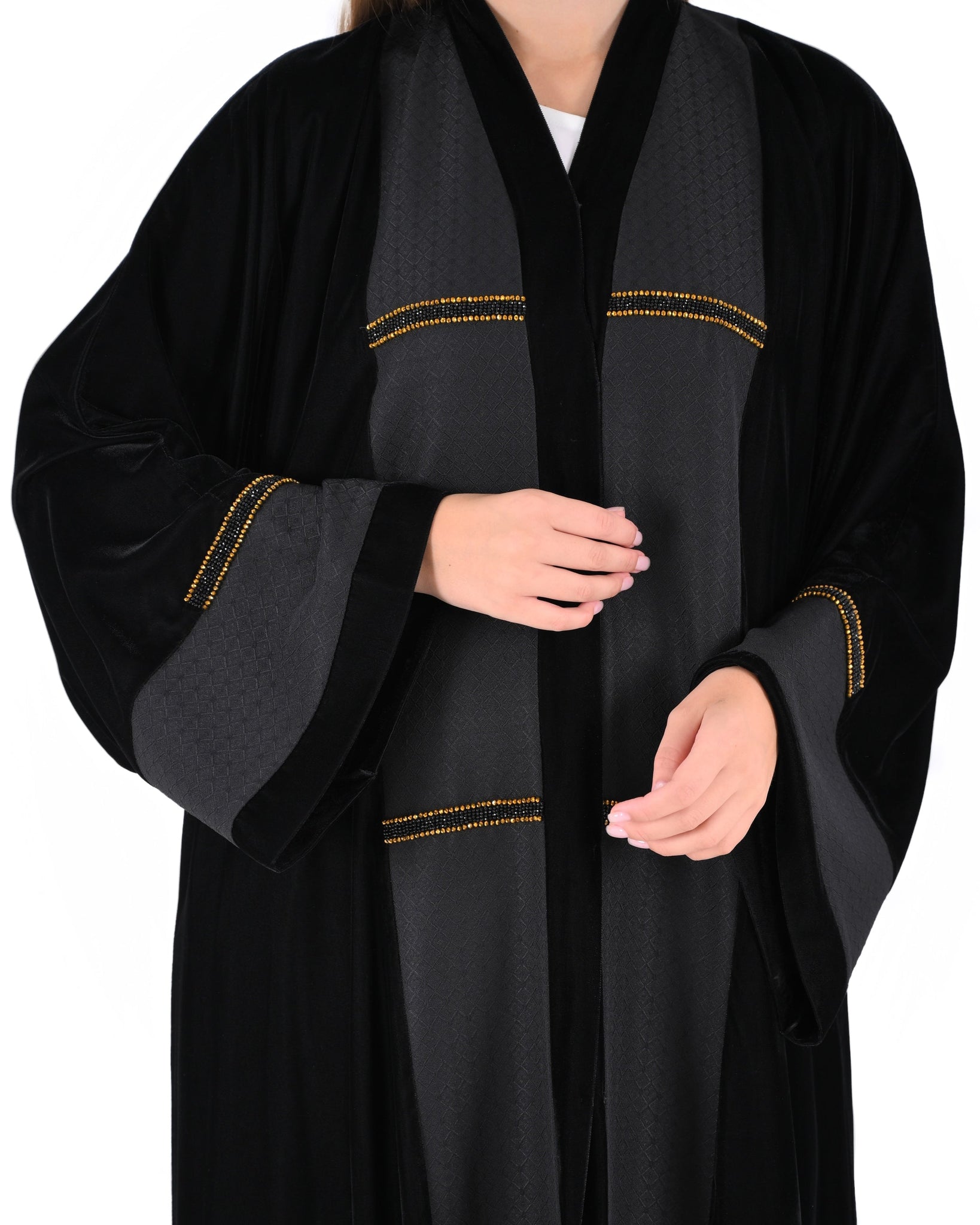 Hanayen Black Velvet Abaya With Panel and Beads