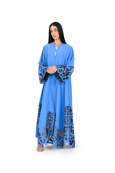 Hanayen Blue Abaya with Navy Laser-Cut Filigree & Crystals best abaya online in dubai