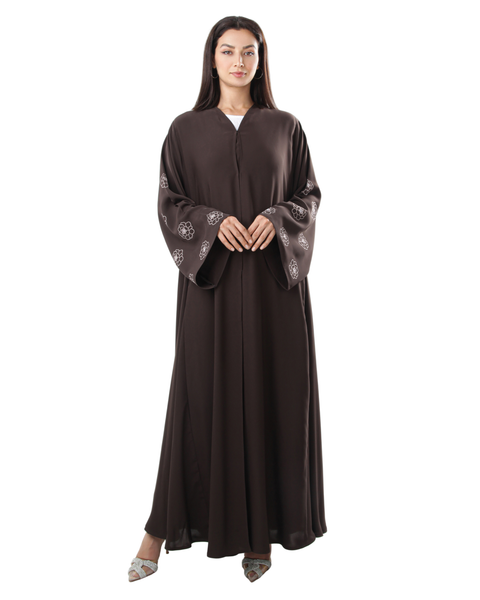 Hanayen Brown Abaya with Floral Embroidery and Pearl Accents best abaya online in dubai