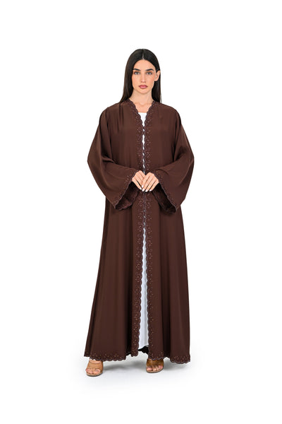Hanayen Brown Abaya with Scalloped Embroidered Trim best abaya online in dubai
