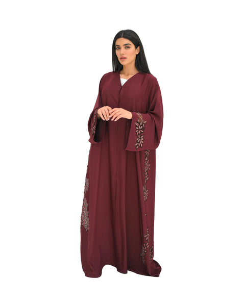 Hanayen Burgundy Embroidered Open Abaya best abaya online in dubai