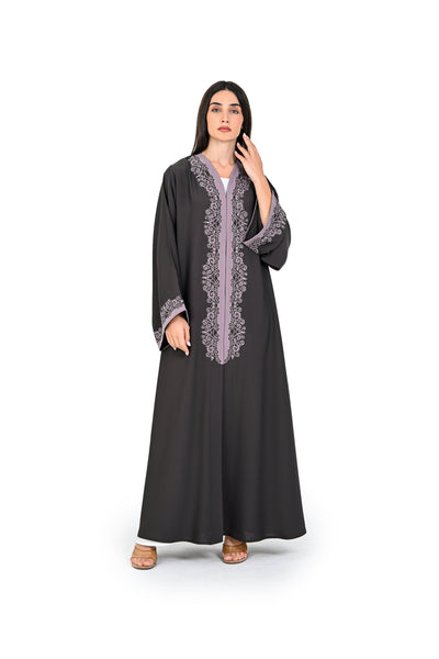 Hanayen Charcoal Abaya with Artisanal Lavender Filigree Embroidery best abaya online in dubai