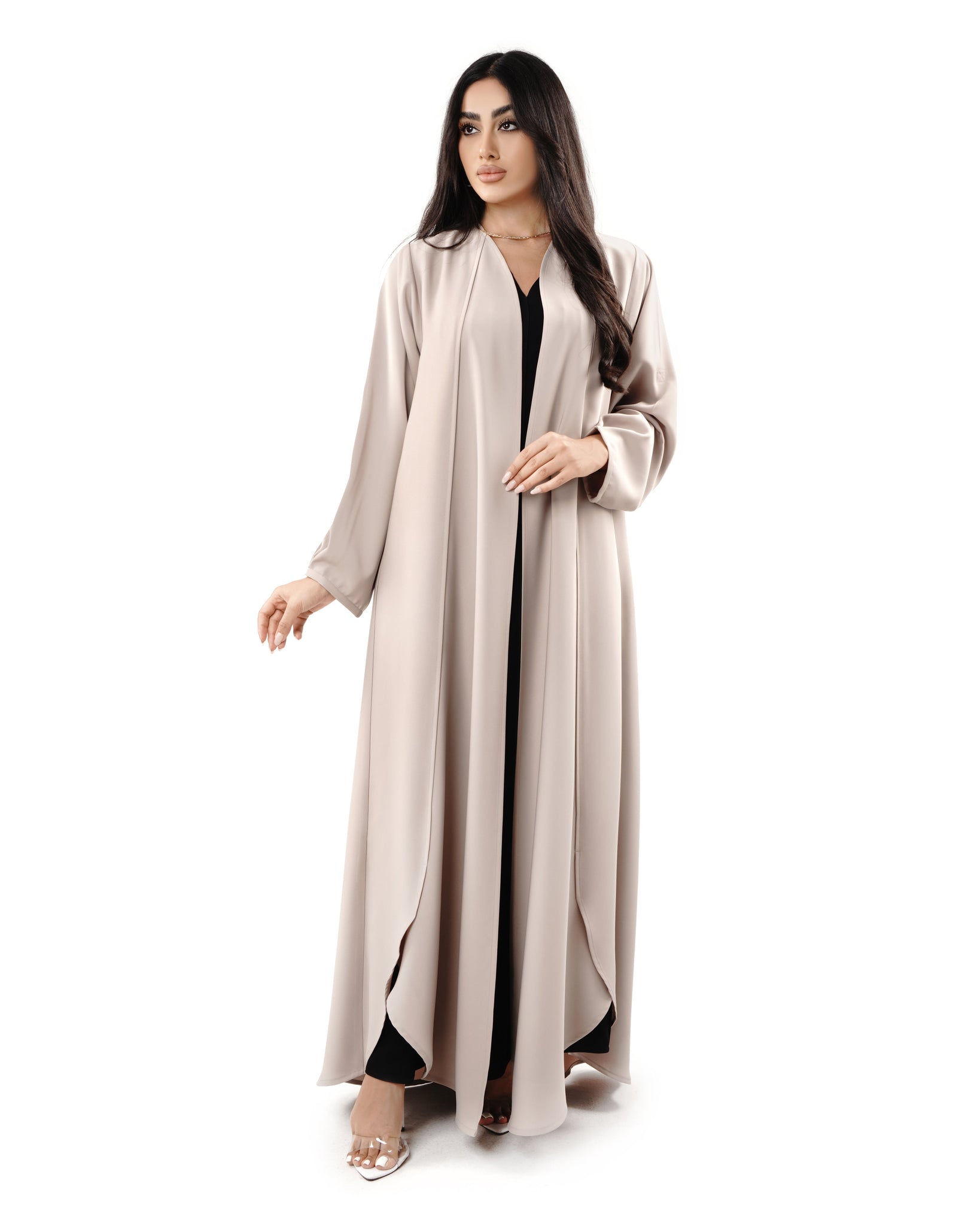 Hanayen Chic Beige Abaya with Minimalist Design and Open Front