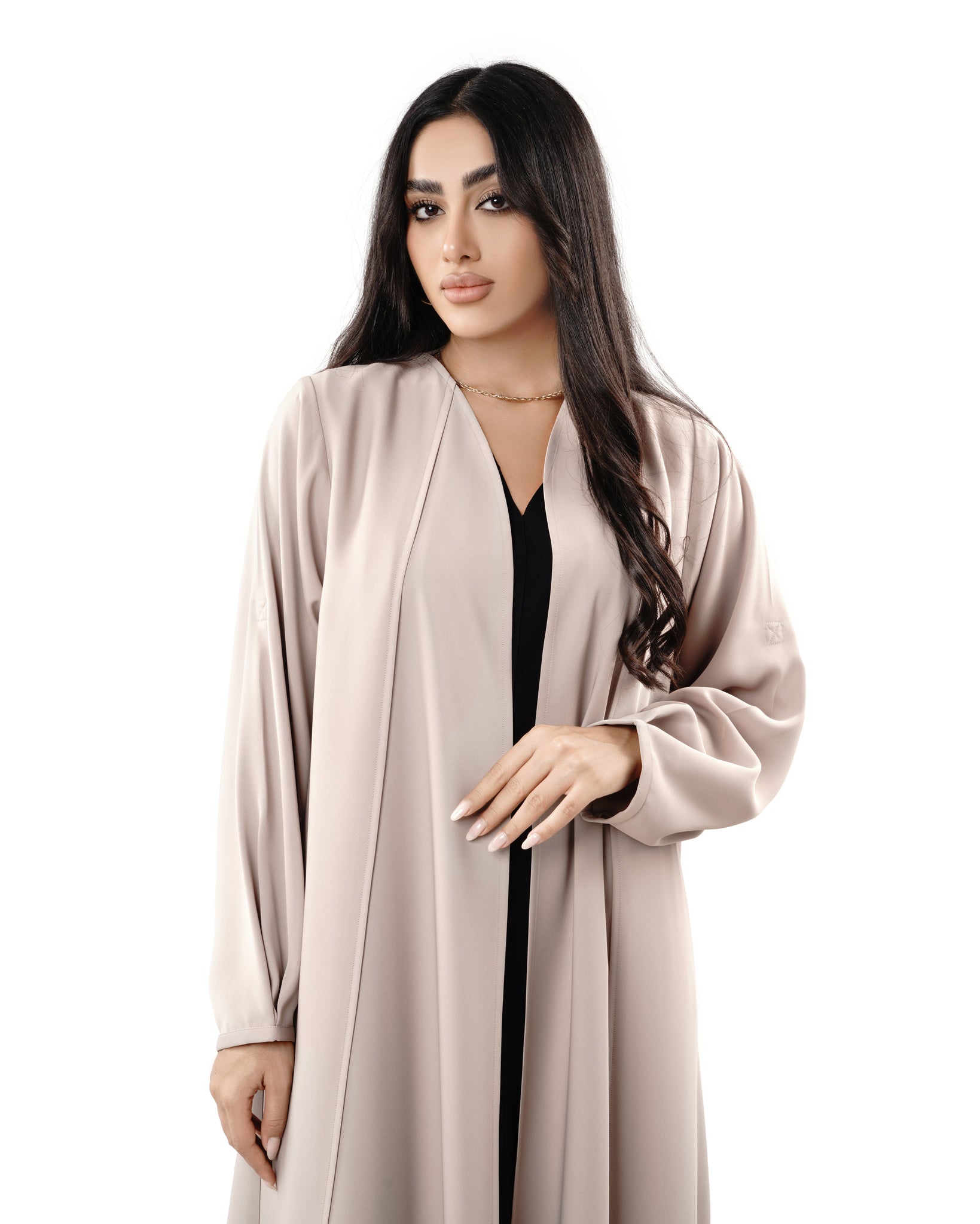 Hanayen Chic Beige Abaya with Minimalist Design and Open Front