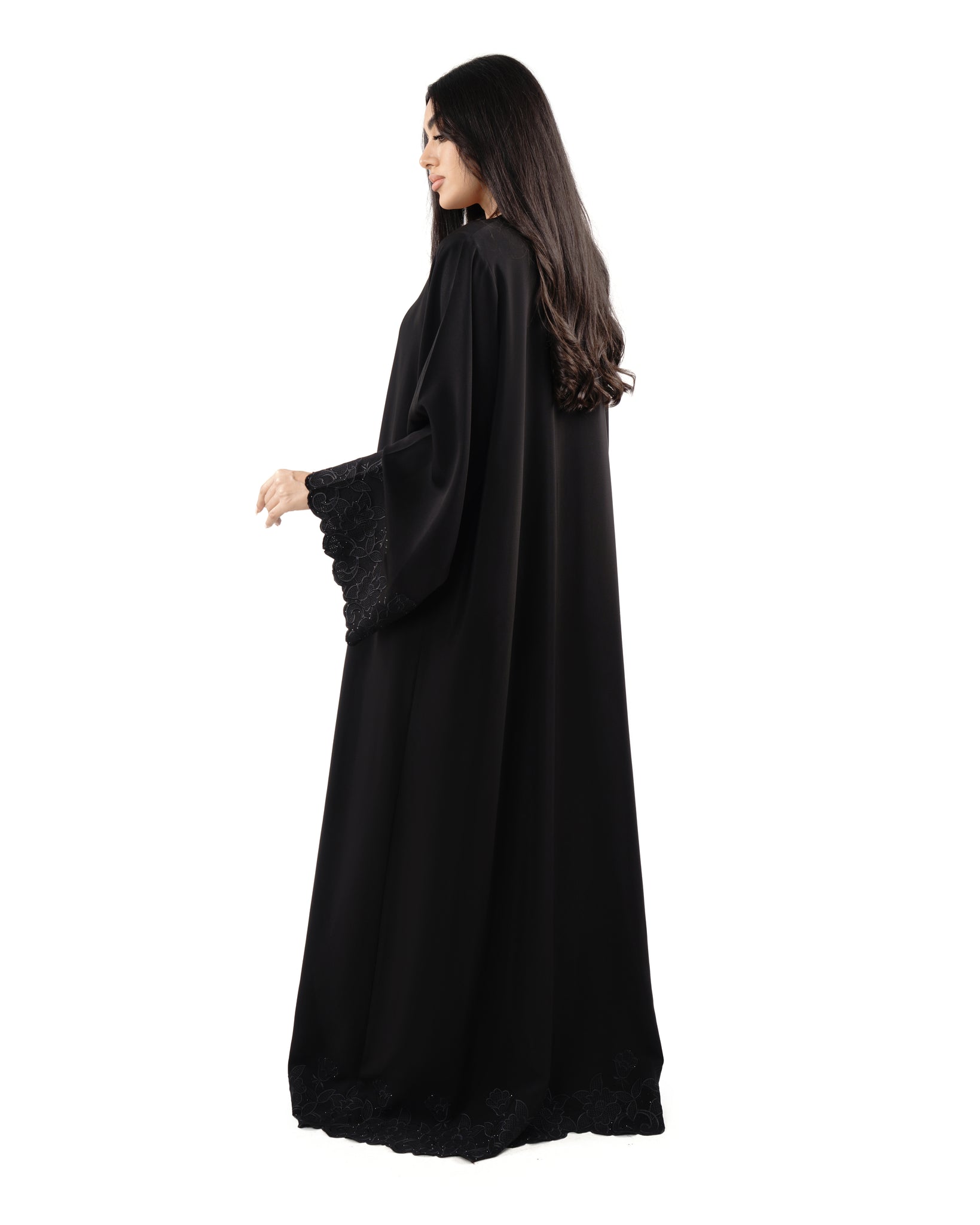 Hanayen Classic Black Abaya with Floral Embroidered Sleeves and Hem