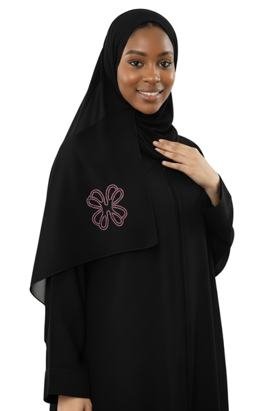 Hanayen Classic Black Sheila with Luxury Hanayen Flower Logo best abaya online in dubai