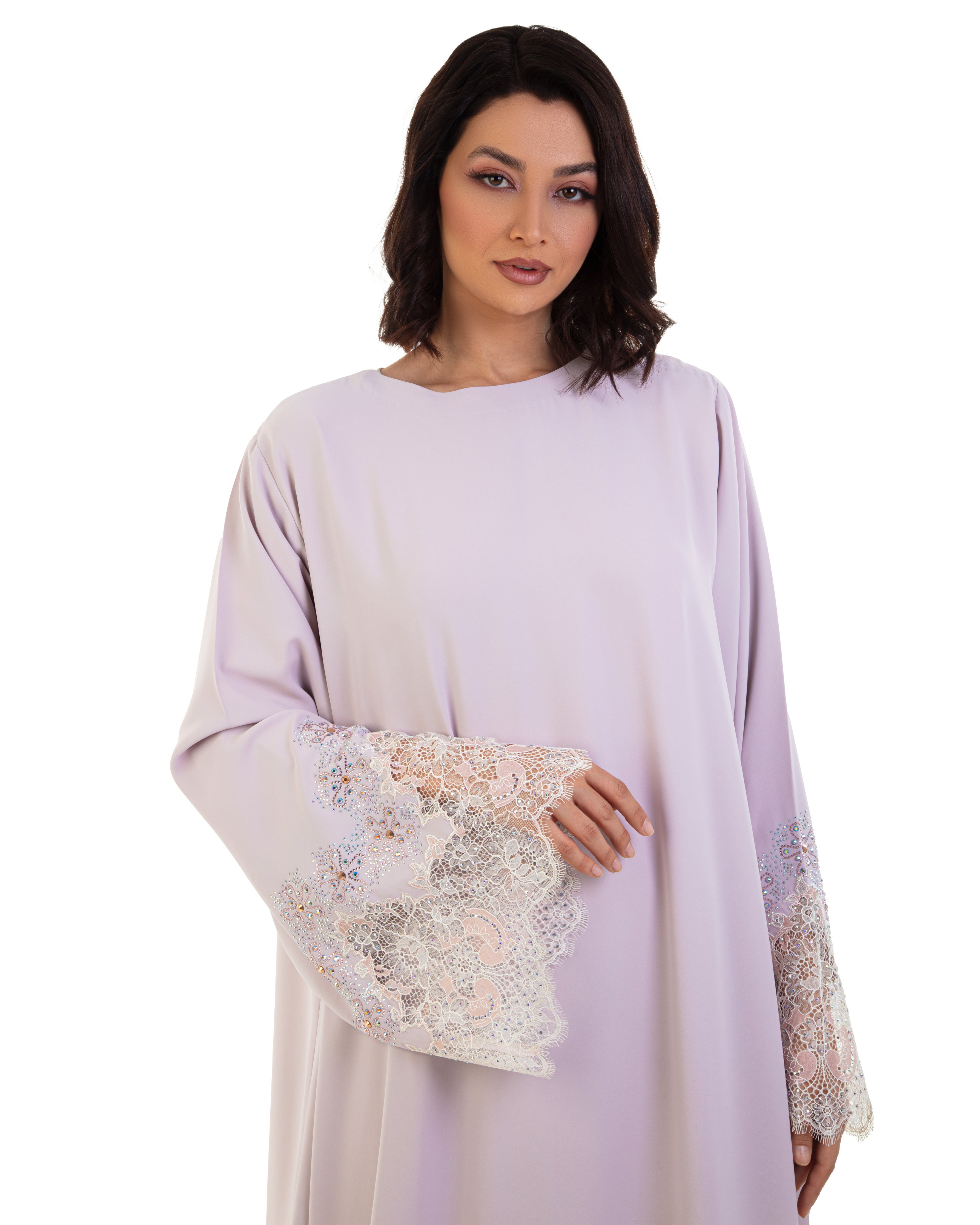 Hanayen Closed Crystalized Abaya Dress With Lace Insert best abaya
