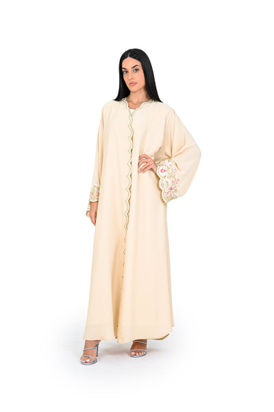 Hanayen Couture Abaya with Architectural Scalloped Trims and Hand-Stitched Floral Artistry best abaya online in dubai