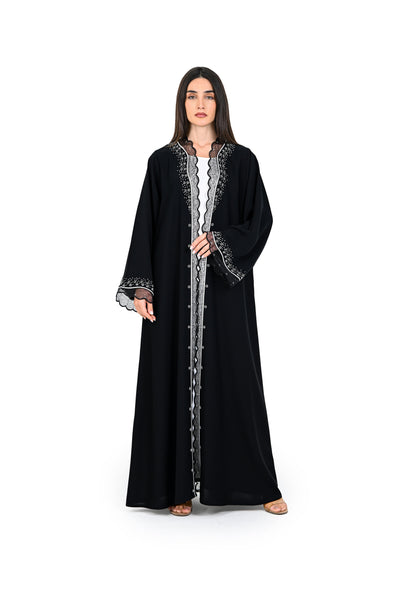 Hanayen Couture-Inspired Noir Abaya with Scalloped Lace & Pearl Embellishments best abaya online in dubai