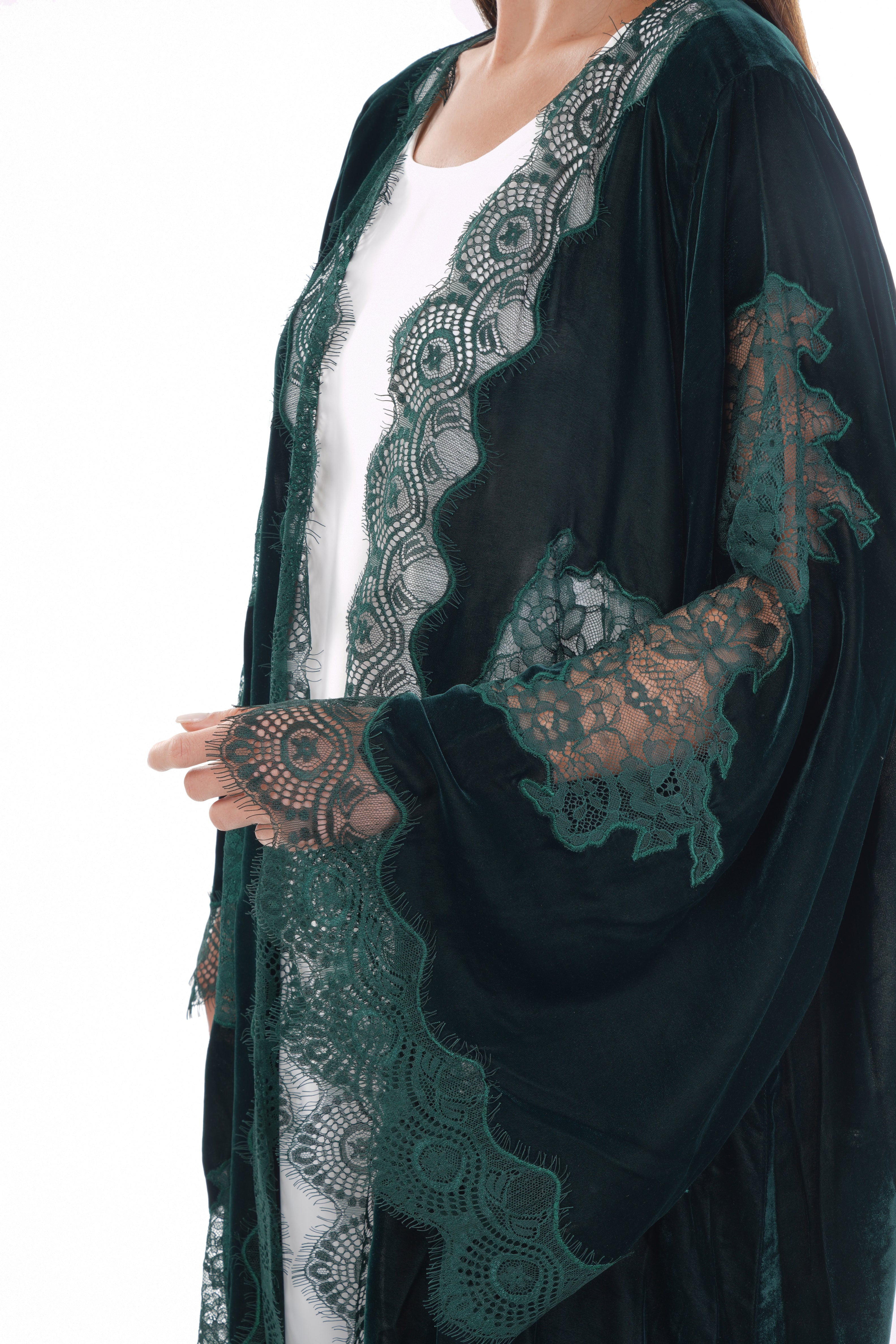 Hanayen Dark Green Velvet Abaya With Lace Insert Best Abaya Online In Dubai hanayen-dark-green-velvet-abaya-with-lace-insert-best-abaya-online-in-dubai