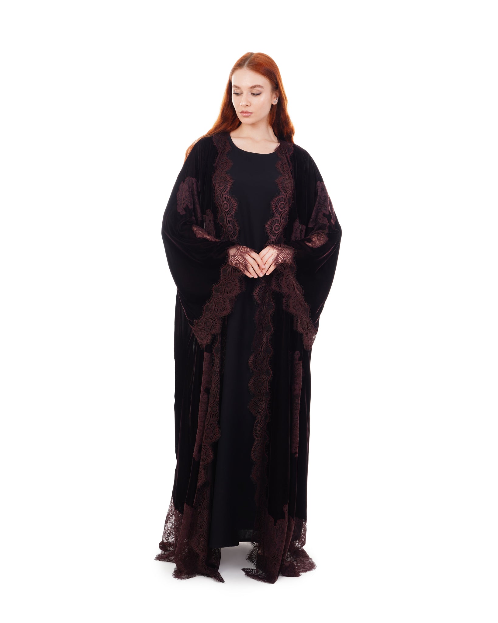 Hanayen Dark Maroon Velvet Abaya With Lace Insert