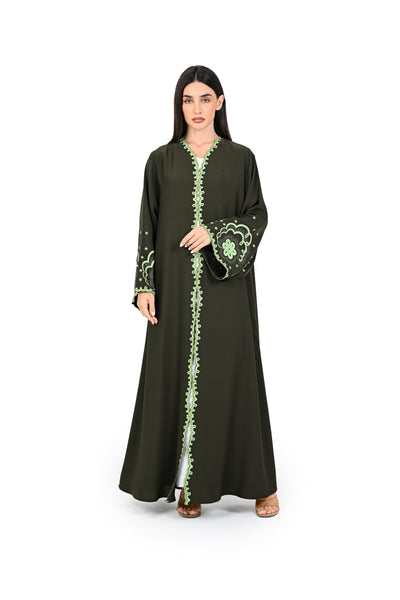 Hanayen Dark Olive Abaya with Contrasting Lime Green Floral Embroidery best abaya online in dubai