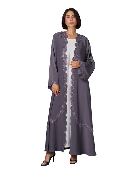 Hanayen Dusty Purple Open Front Abaya And Scalloped Leaf Embroidery best abaya online in dubai