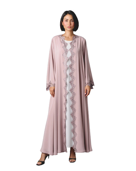 Hanayen Dusty Rose Open Abaya With Detailed Floral Guipure Lace Trim best abaya online in dubai